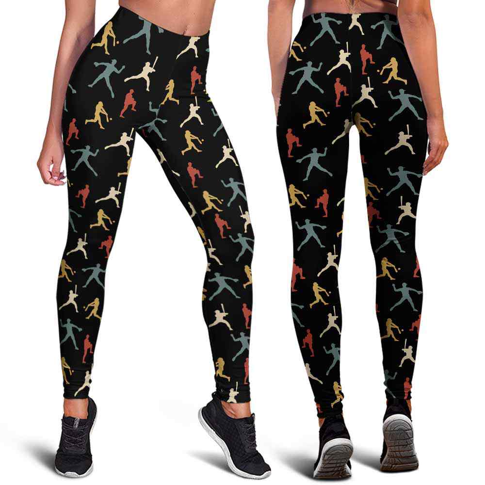 LEGG-W-Hobb-RetrBaseVint-Bball-1 @ Retro Baseball Vintage 60's 70's-Baseball Leggings For Women. Retro Baseball Vintage 60'S 70'S Pattern Printed Women Leggings. Yoga Workout Custom Personalized Gift.