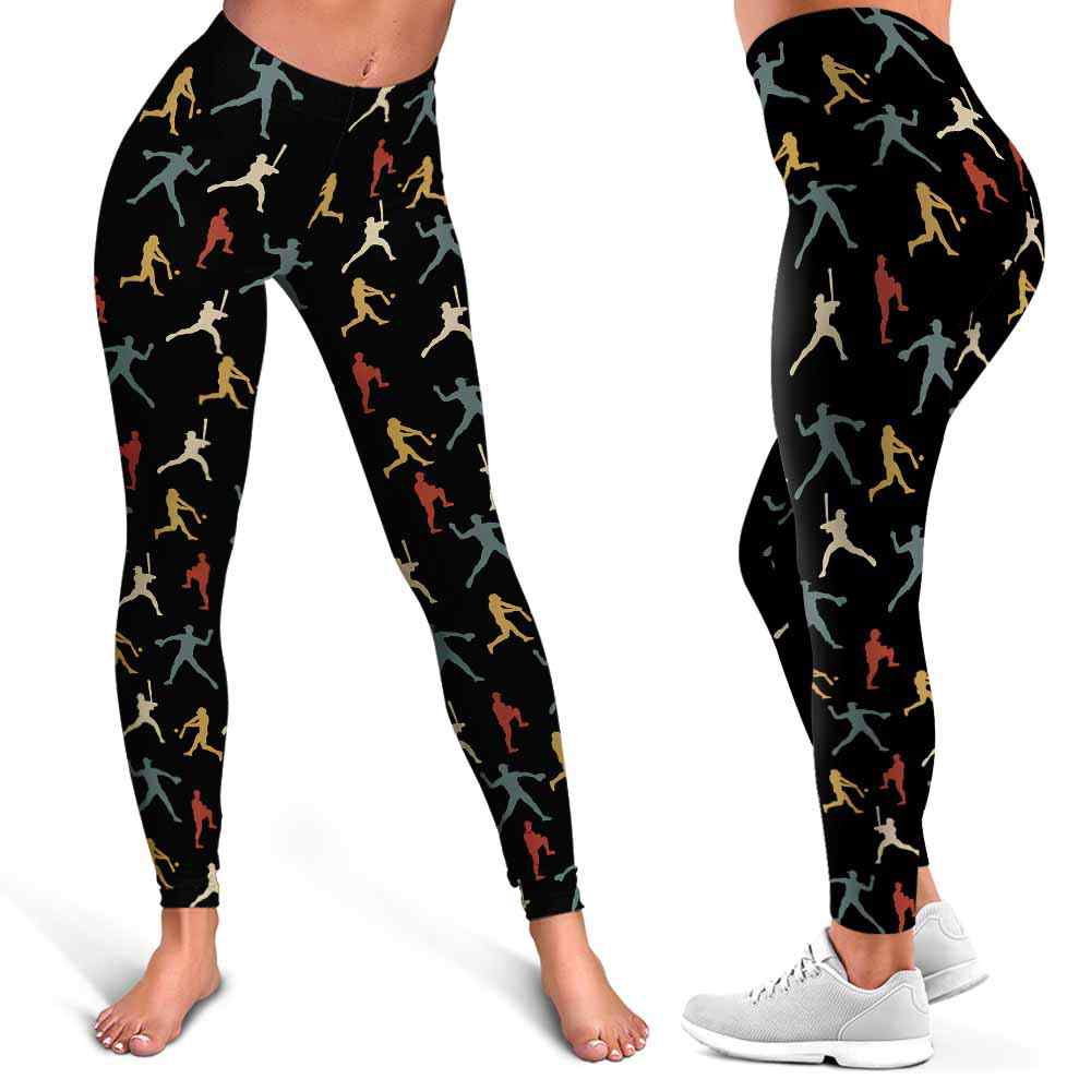 LEGG-W-Hobb-RetrBaseVint-Bball-1 @ Retro Baseball Vintage 60's 70's-Baseball Leggings For Women. Retro Baseball Vintage 60'S 70'S Pattern Printed Women Leggings. Yoga Workout Custom Personalized Gift.