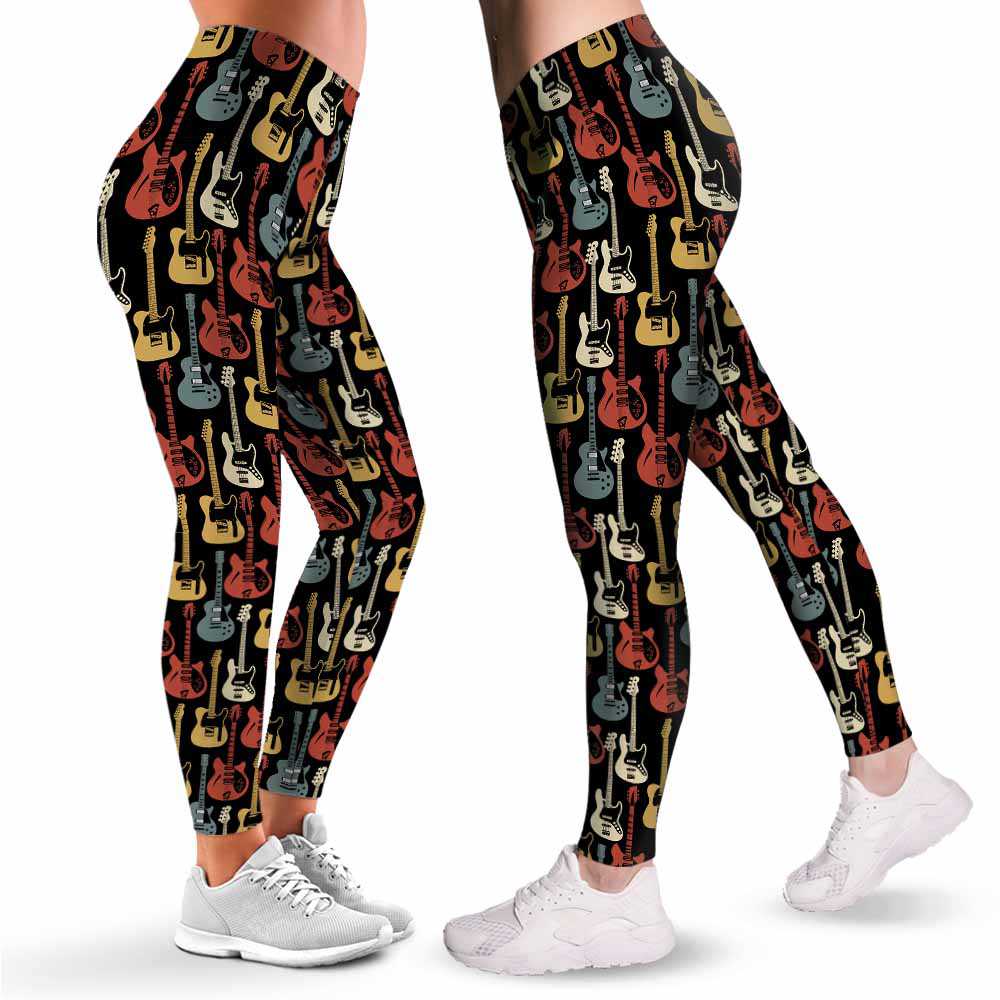 LEGG-W-Hobb-RetrElecGuitVint-Egtr-1 @ Retro Electric Guitars Vintage 60's 70's-Electric Guitar Leggings For Women. Retro Electric Guitars Vintage Pattern Printed Women Leggings. Yoga Workout Custom Personalized Gift.