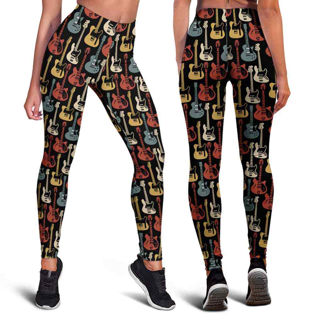 LEGG-W-Hobb-RetrElecGuitVint-Egtr-1 @ Retro Electric Guitars Vintage 60's 70's-Electric Guitar Leggings For Women. Retro Electric Guitars Vintage Pattern Printed Women Leggings. Yoga Workout Custom Personalized Gift.