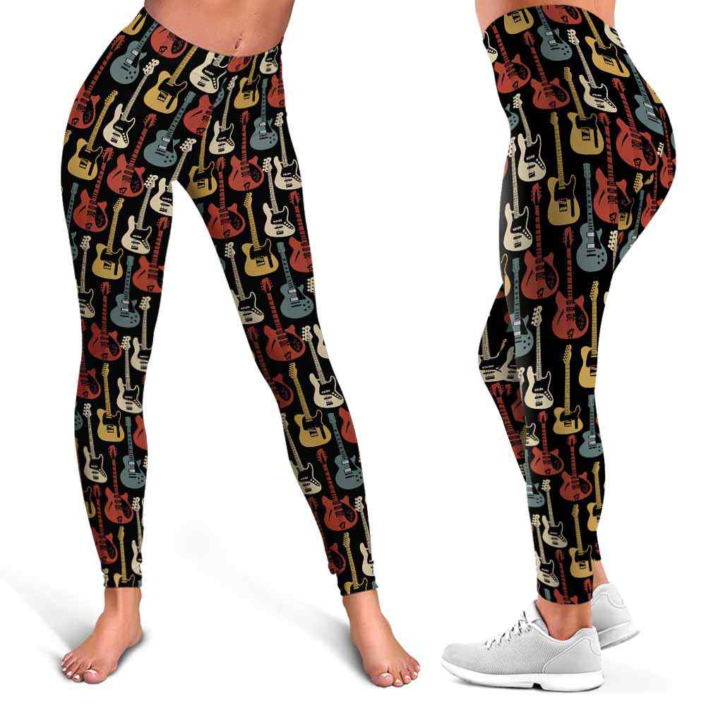 LEGG-W-Hobb-RetrElecGuitVint-Egtr-1 @ Retro Electric Guitars Vintage 60's 70's-Electric Guitar Leggings For Women. Retro Electric Guitars Vintage Pattern Printed Women Leggings. Yoga Workout Custom Personalized Gift.
