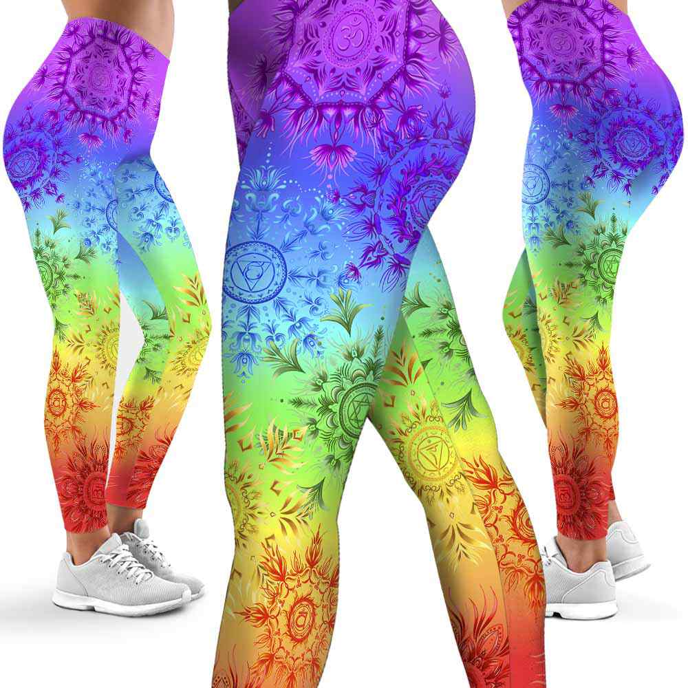 LEGG-W-Hobb-Yoga-Chak-0 @ Seven Chakras Flower-Yoga Leggings For Women. Colorful Yoga Pattern Printed Leggings. Cute Chakra Women Leggings. Yoga Workout Leggings. Custom Leggings.