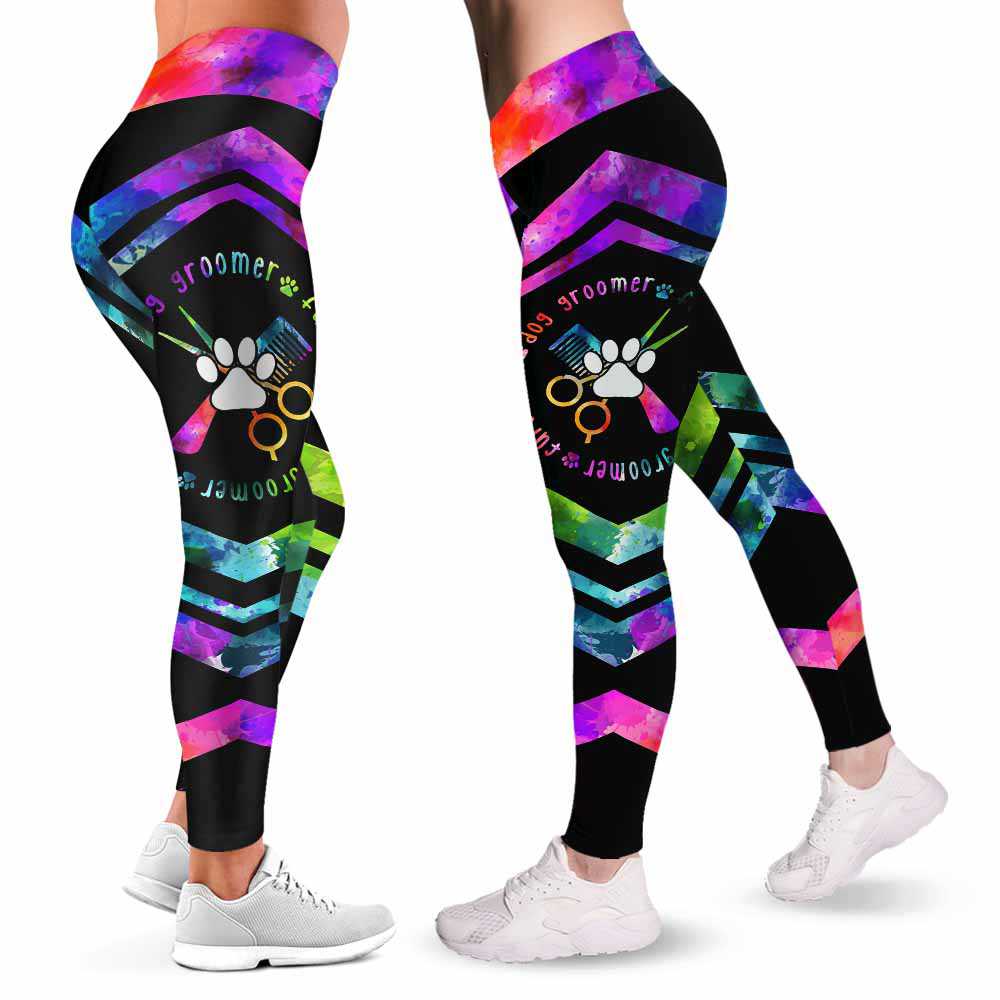 LEGG-W-Job-DogGrooWateLine-Dgrm-0 @ Dog Groomer Watercolor Line-Proud Dog Groomer Furologist Leggings For Women. Dog Groomer Watercolor Line Pattern Women Leggings. Yoga Workout Custom Leggings Gift.