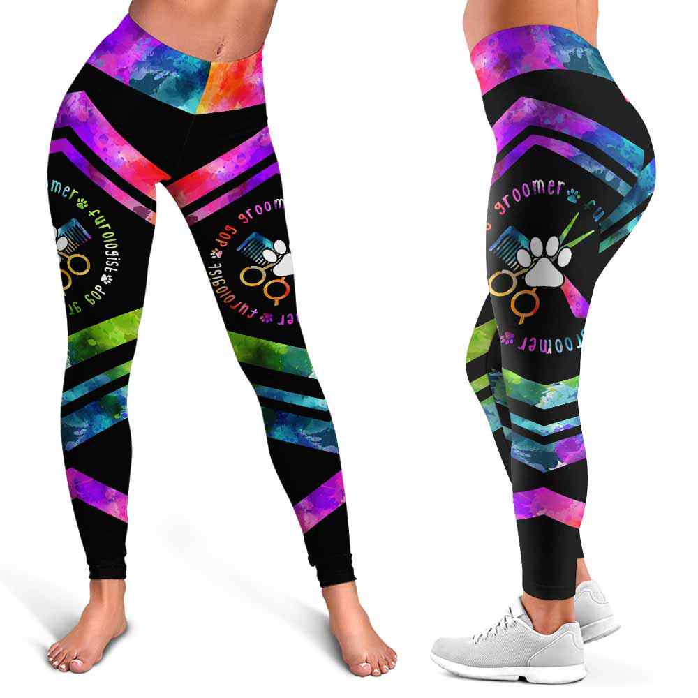 LEGG-W-Job-DogGrooWateLine-Dgrm-0 @ Dog Groomer Watercolor Line-Proud Dog Groomer Furologist Leggings For Women. Dog Groomer Watercolor Line Pattern Women Leggings. Yoga Workout Custom Leggings Gift.