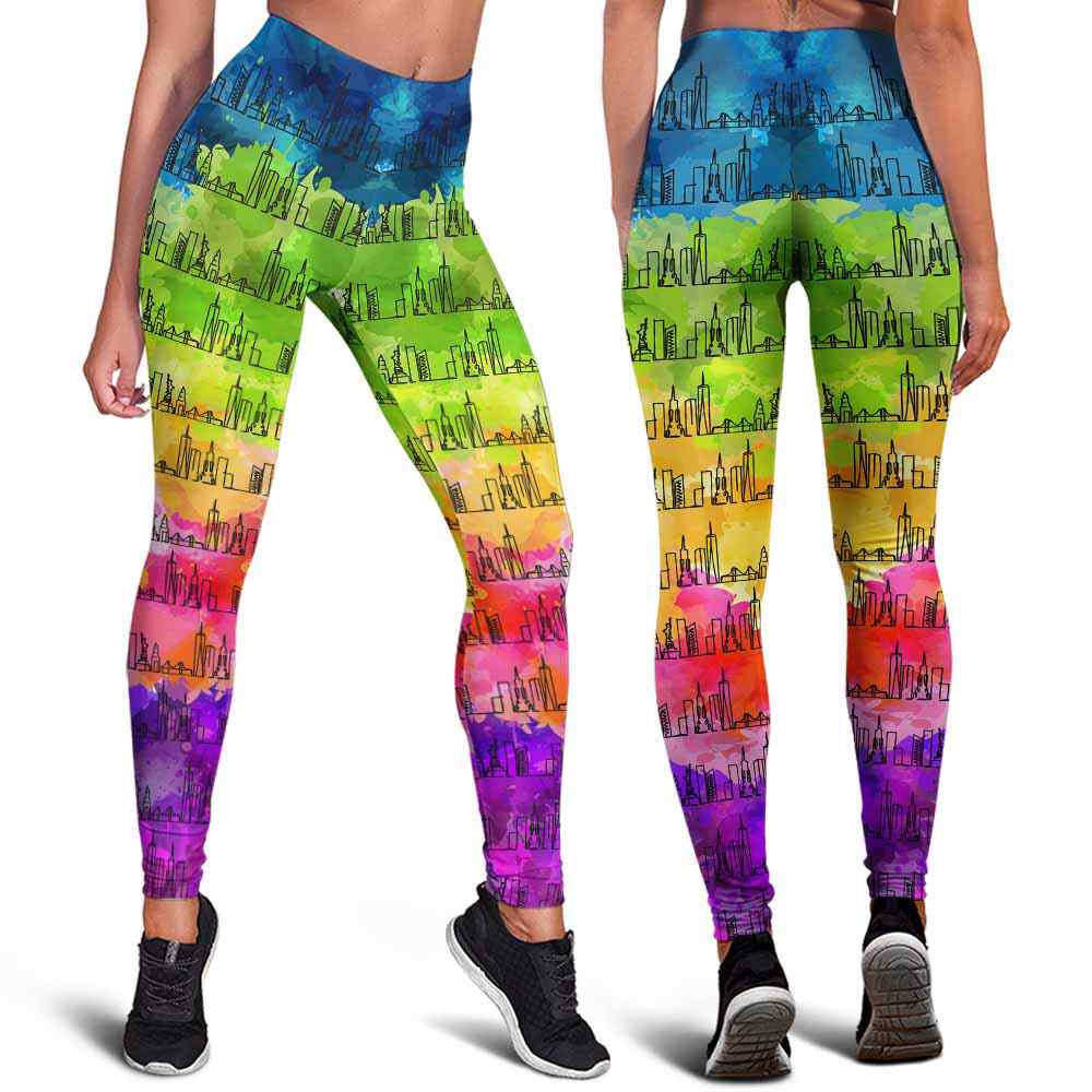 LEGG-W-Plce-NewyWate-Nyrk-0 @ NewYork Skyline Watercolor-New York Leggings For Women. Newyork Skyline Watercolor Pattern Printed Women Leggings. Yoga Workout Custom Personalized Gift.