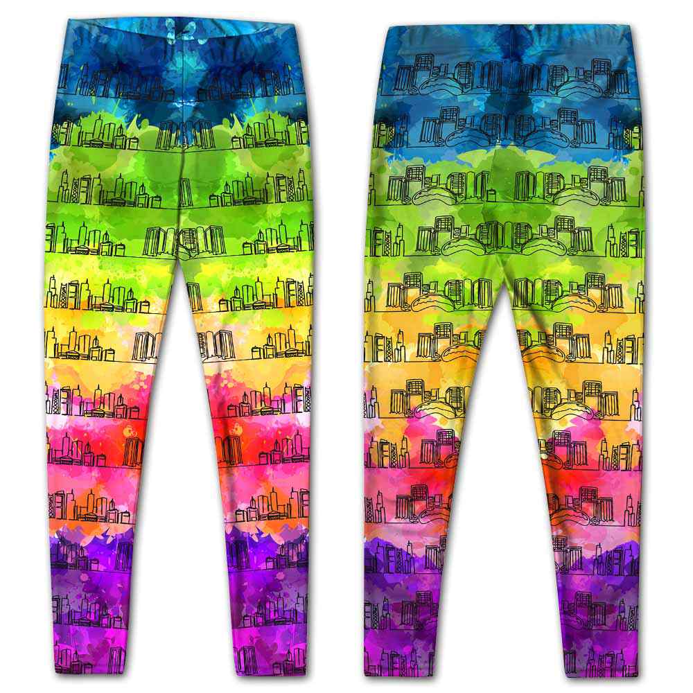 LEGG-W-Stt-ChicWate-Chic-0 @ Chicago Skyline Watercolor-Chicago Leggings For Women. Chicago Skyline Watercolor Pattern Printed Women Leggings. Yoga Workout Custom Personalized Gift.