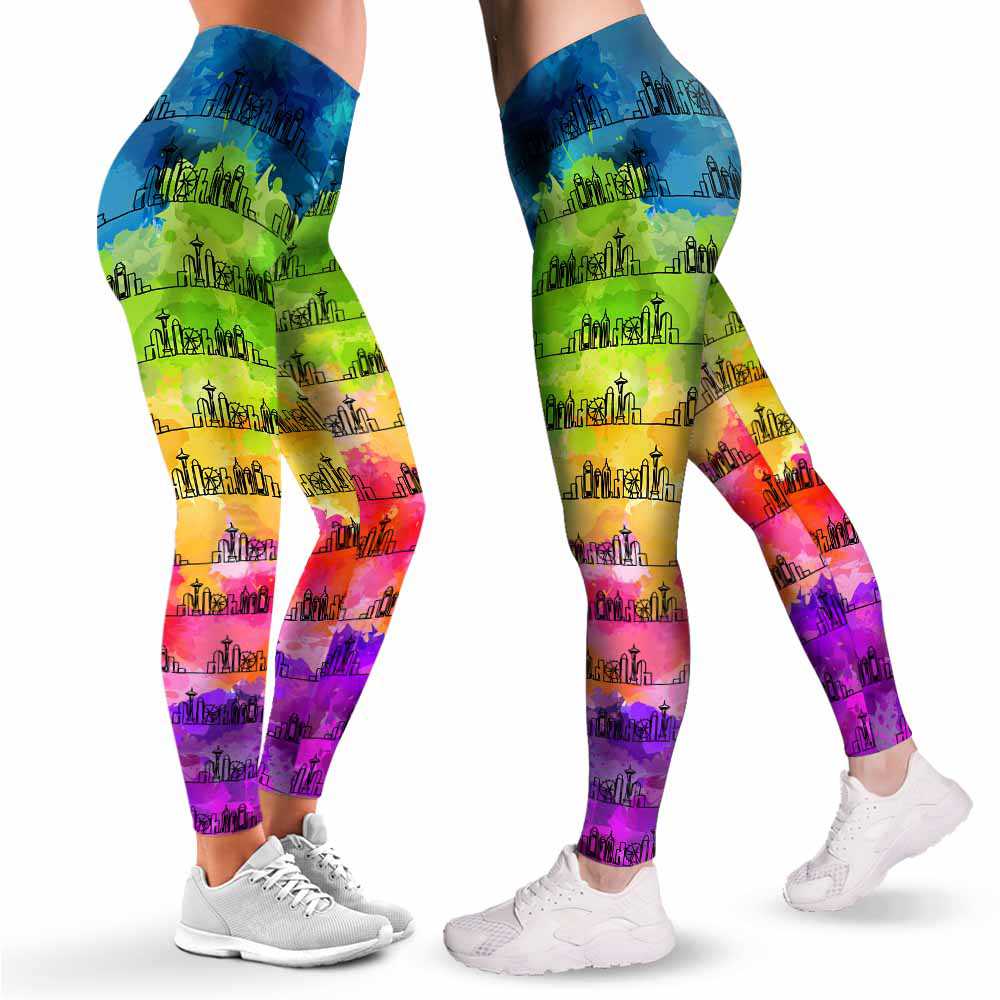 LEGG-W-Stt-Wate-Seat-0 @ Seattle Skyline Watercolor-Seattle Leggings For Women. Seattle Skyline Watercolor Pattern Printed Women Leggings. Yoga Workout Custom Personalized Gift.