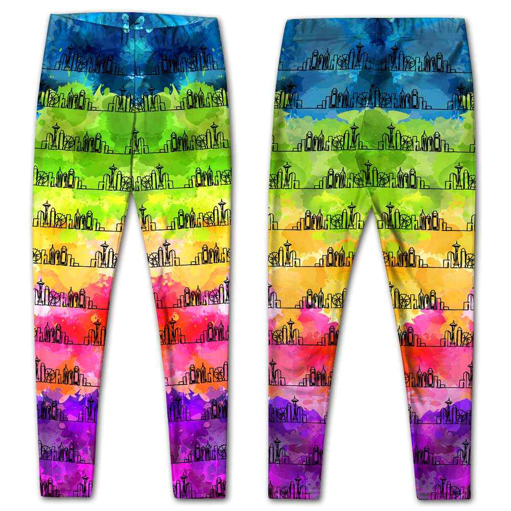 LEGG-W-Stt-Wate-Seat-0 @ Seattle Skyline Watercolor-Seattle Leggings For Women. Seattle Skyline Watercolor Pattern Printed Women Leggings. Yoga Workout Custom Personalized Gift.