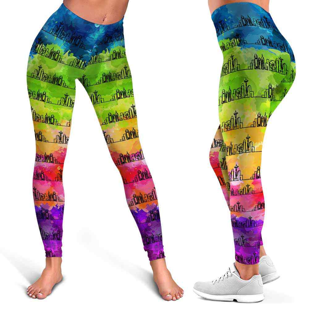 LEGG-W-Stt-Wate-Seat-0 @ Seattle Skyline Watercolor-Seattle Leggings For Women. Seattle Skyline Watercolor Pattern Printed Women Leggings. Yoga Workout Custom Personalized Gift.