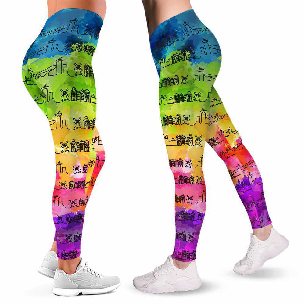 LEGG-W-Stt-AmstWate-Astd-0 @ Amsterdam Skyline Watercolor-Amsterdam Love Leggings For Women. Skyline Watercolor Pattern Printed Women Leggings. Womens Leggings. Yoga Workout Custom Gift.