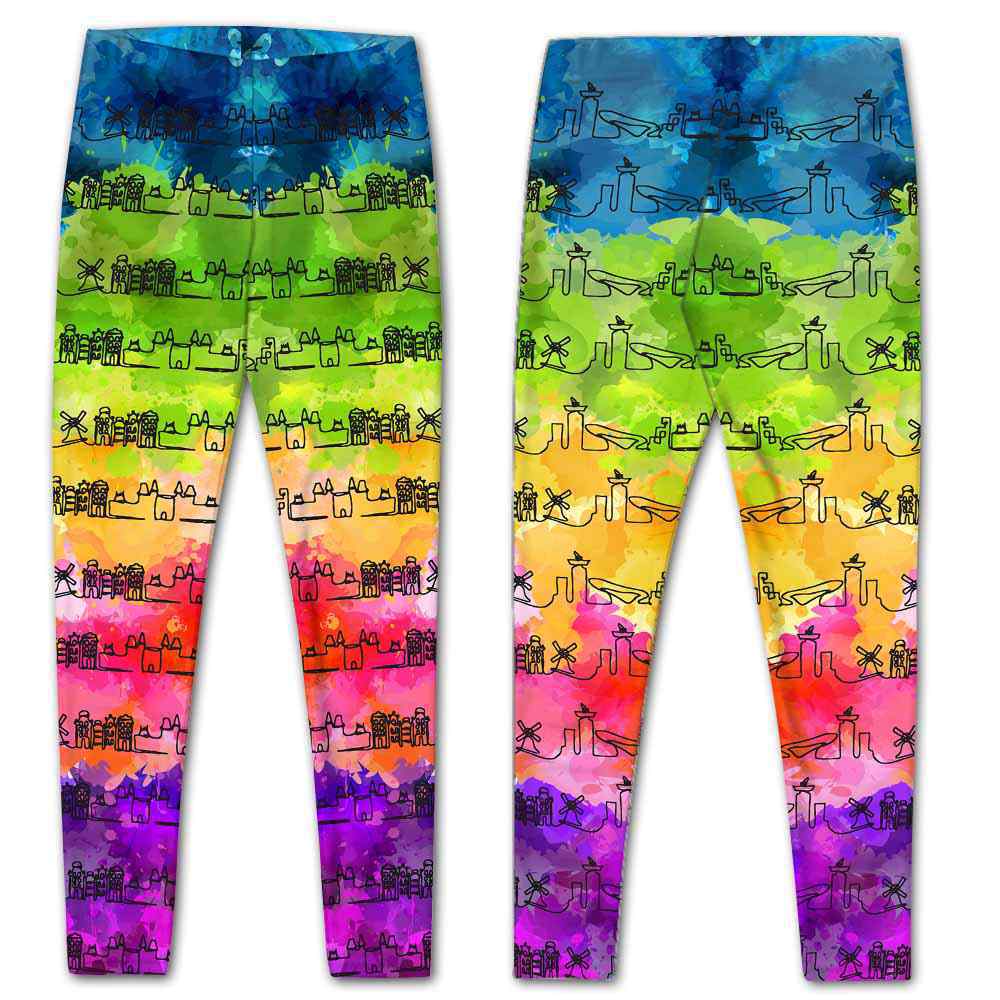 LEGG-W-Stt-AmstWate-Astd-0 @ Amsterdam Skyline Watercolor-Amsterdam Love Leggings For Women. Skyline Watercolor Pattern Printed Women Leggings. Womens Leggings. Yoga Workout Custom Gift.