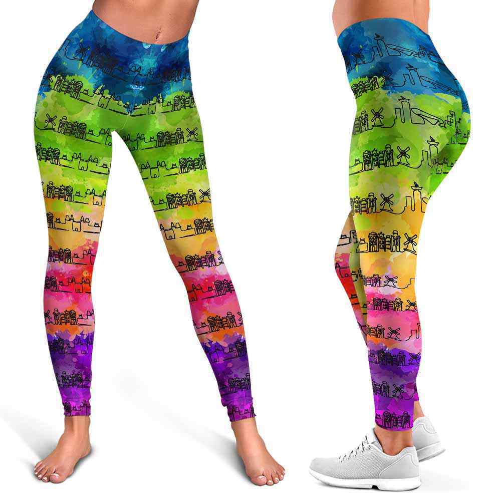 LEGG-W-Stt-AmstWate-Astd-0 @ Amsterdam Skyline Watercolor-Amsterdam Love Leggings For Women. Skyline Watercolor Pattern Printed Women Leggings. Womens Leggings. Yoga Workout Custom Gift.