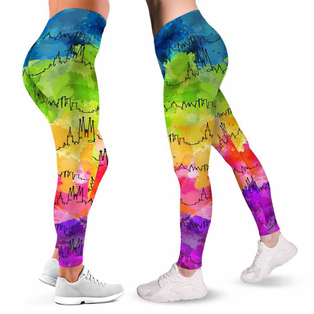 LEGG-W-Stt-BarcWate-Bcln-0 @ Barcelona Skyline Watercolor-Barcelona Love Leggings For Women. Skyline Watercolor Pattern Printed Women Leggings. Womens Leggings. Yoga Workout Custom Gift.
