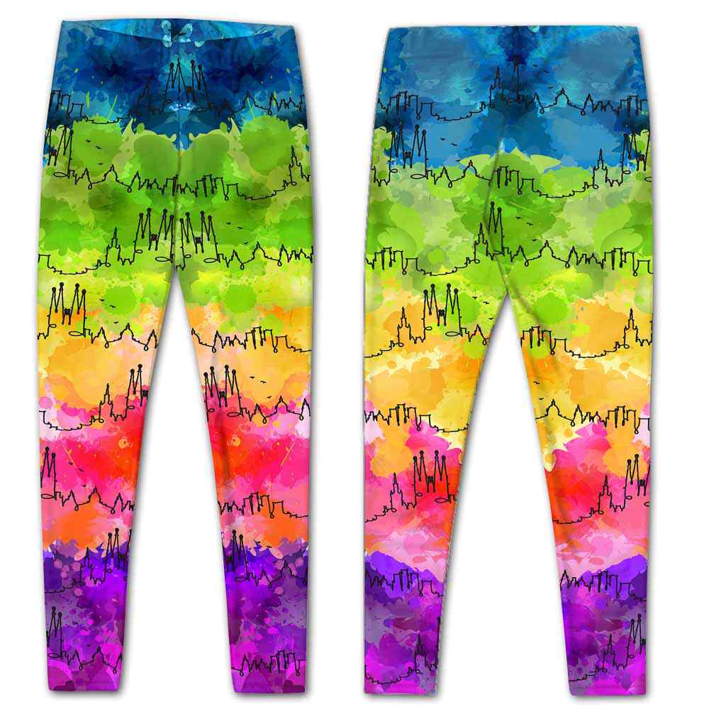 LEGG-W-Stt-BarcWate-Bcln-0 @ Barcelona Skyline Watercolor-Barcelona Love Leggings For Women. Skyline Watercolor Pattern Printed Women Leggings. Womens Leggings. Yoga Workout Custom Gift.