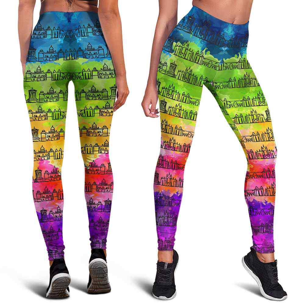 LEGG-W-Stt-EdinWate-Ednb-0 @ Edinburgh Skyline Watercolor-Edinburgh Love Leggings For Women. Skyline Watercolor Pattern Printed Women Leggings. Womens Leggings. Yoga Workout Custom Gift.