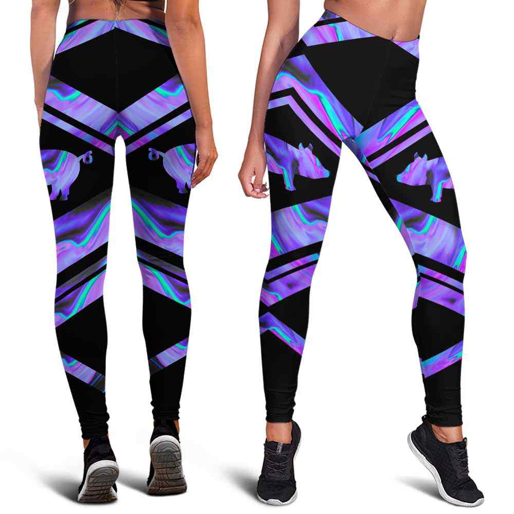 LEGG-W-Ani-Vy1AnimWate-Pig-0 @ Pig-Pig Leggings For Women. Love Pig Color Wave Pig Pattern Printed Leggings. Yoga Workout Custom Women Leggings Gift For Her.