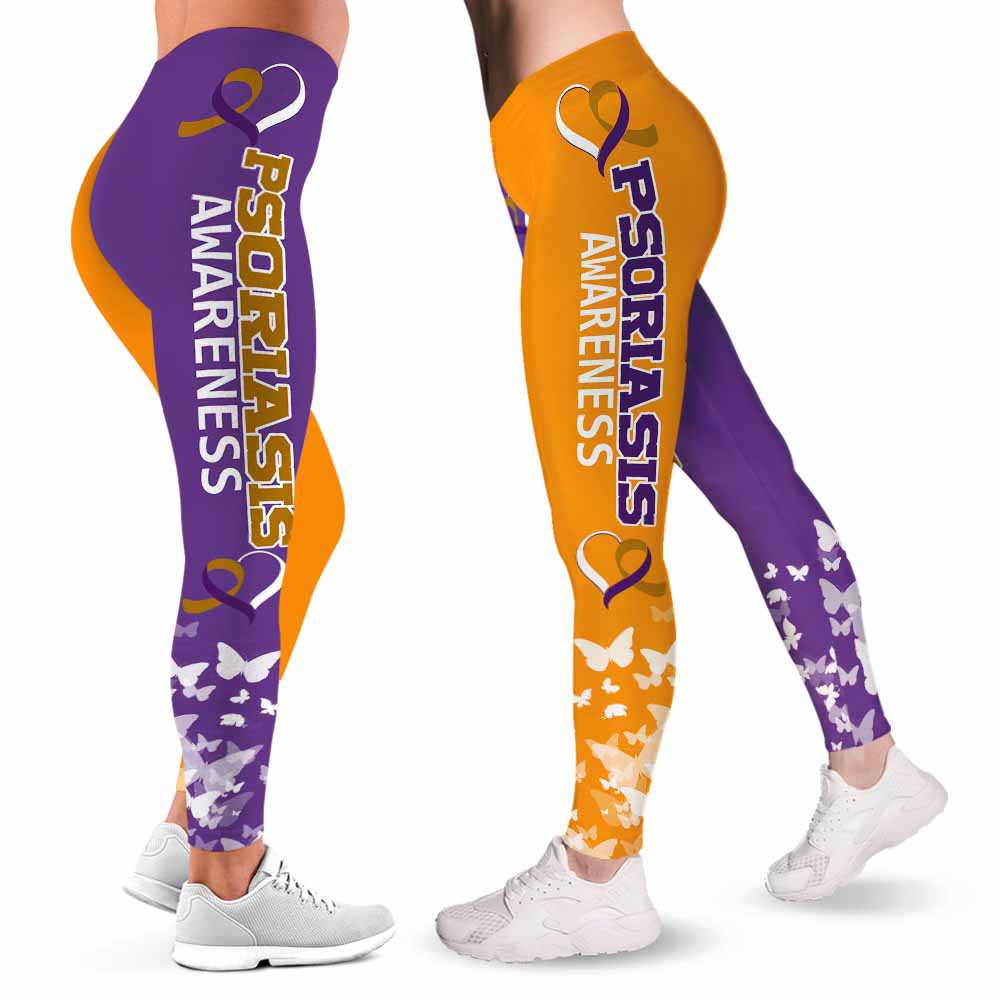 LEGG-W-Awa-PsorAwaButt-Psor-0 @ Psoriasis Awareness Butterflies-Psoriasis Awareness Ribbon Leggings For Women. Butterfly Pattern Women Leggings. Custom Gift For Her, Gift For Women Survivor Fighter.