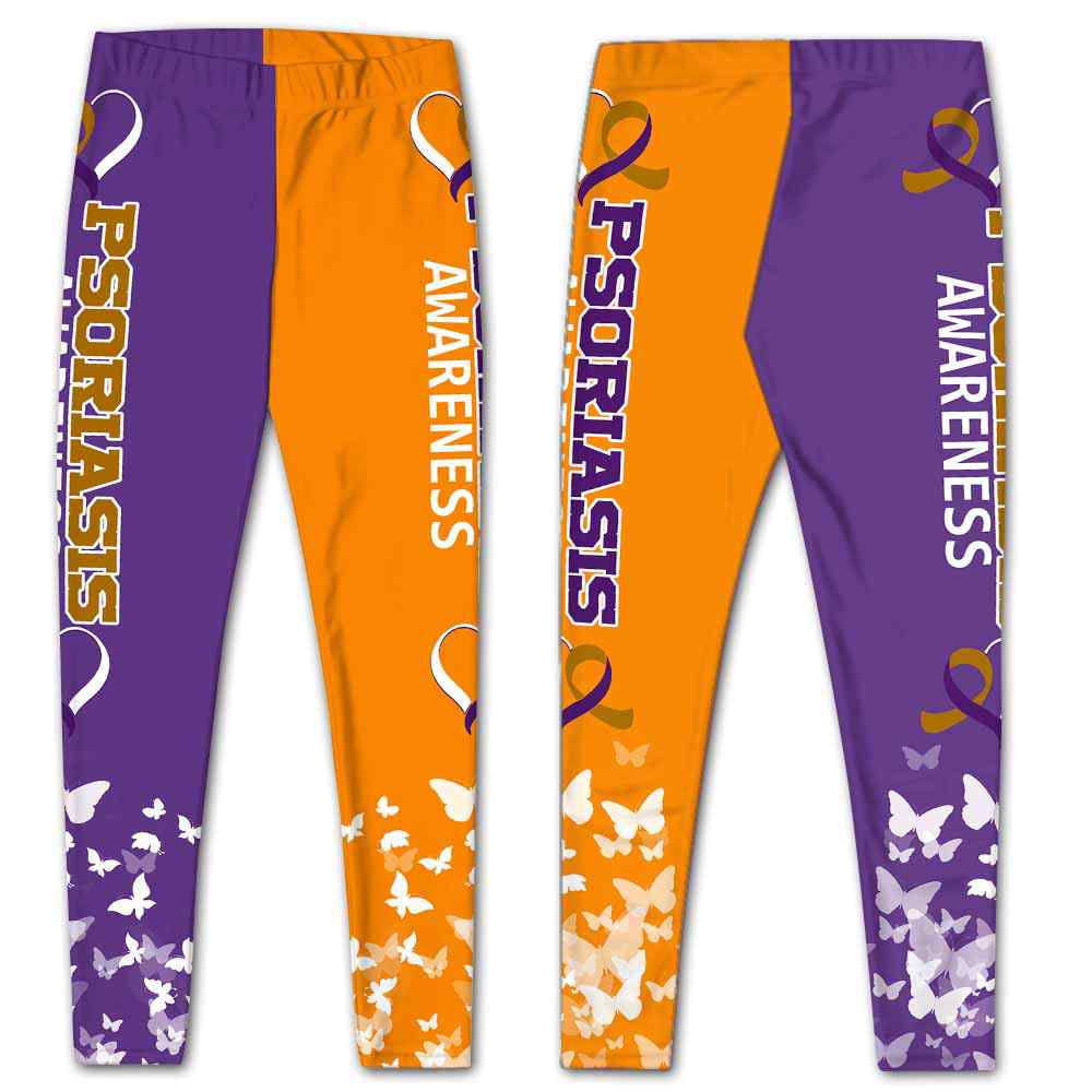 LEGG-W-Awa-PsorAwaButt-Psor-0 @ Psoriasis Awareness Butterflies-Psoriasis Awareness Ribbon Leggings For Women. Butterfly Pattern Women Leggings. Custom Gift For Her, Gift For Women Survivor Fighter.