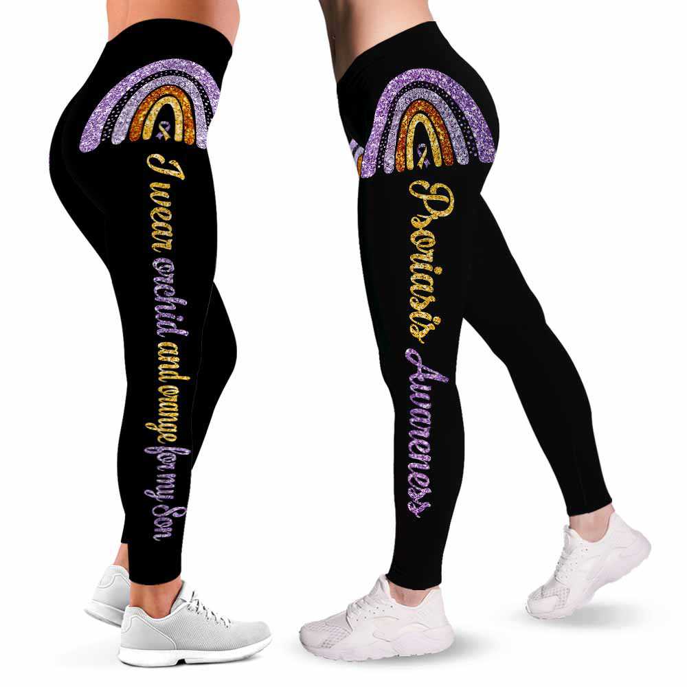 LEGG-W-Awa-PsorAwaWearOnpSon-Psor-1 @ Psoriasis Awareness Wear ONP Son-Psoriasis Awareness Ribbon Leggings For Women. For My Son Pattern Women Leggings. Custom Gift For Her, Gift For Women Survivor Fighter.