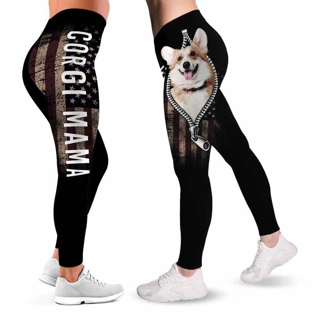 LEGG-W-Dog-CorgZippFlag-Dog-0 @ Dog Corgi Zipper Flag-Corgi Leggings For Women. Zipper Flag Pattern Women Leggings. Workout Yoga Pants. Customizable Gift For Dog Lovers.