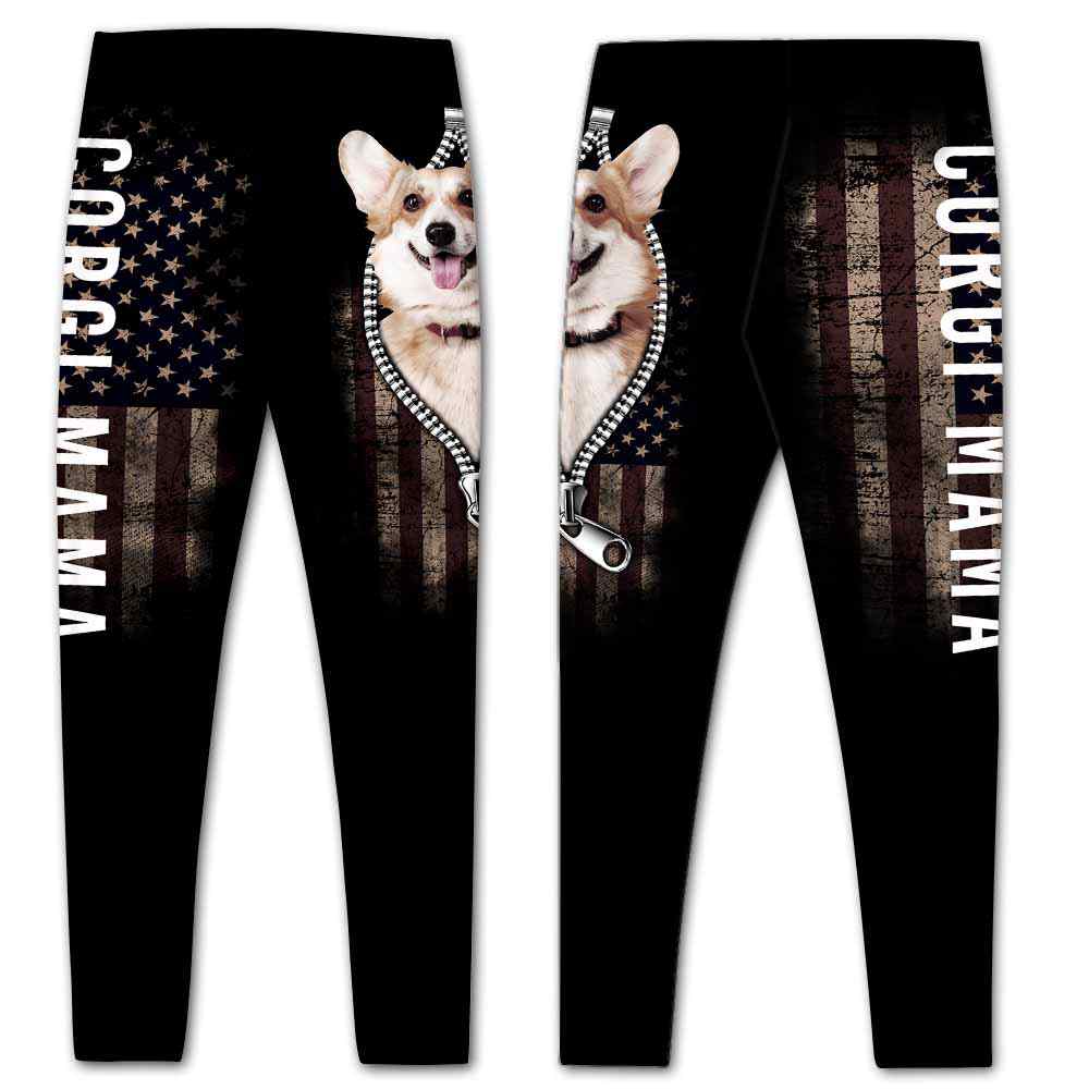 LEGG-W-Dog-CorgZippFlag-Dog-0 @ Dog Corgi Zipper Flag-Corgi Leggings For Women. Zipper Flag Pattern Women Leggings. Workout Yoga Pants. Customizable Gift For Dog Lovers.