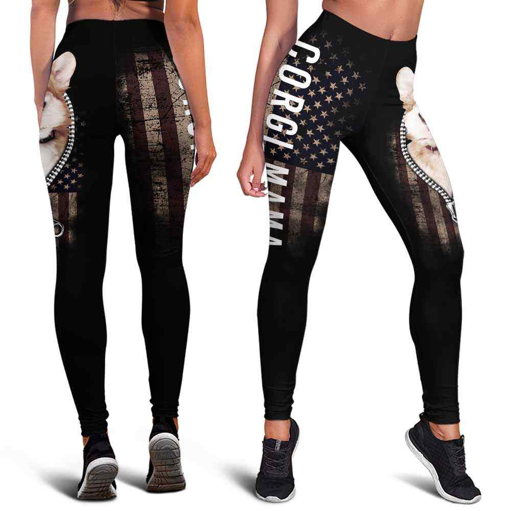 LEGG-W-Dog-CorgZippFlag-Dog-0 @ Dog Corgi Zipper Flag-Corgi Leggings For Women. Zipper Flag Pattern Women Leggings. Workout Yoga Pants. Customizable Gift For Dog Lovers.