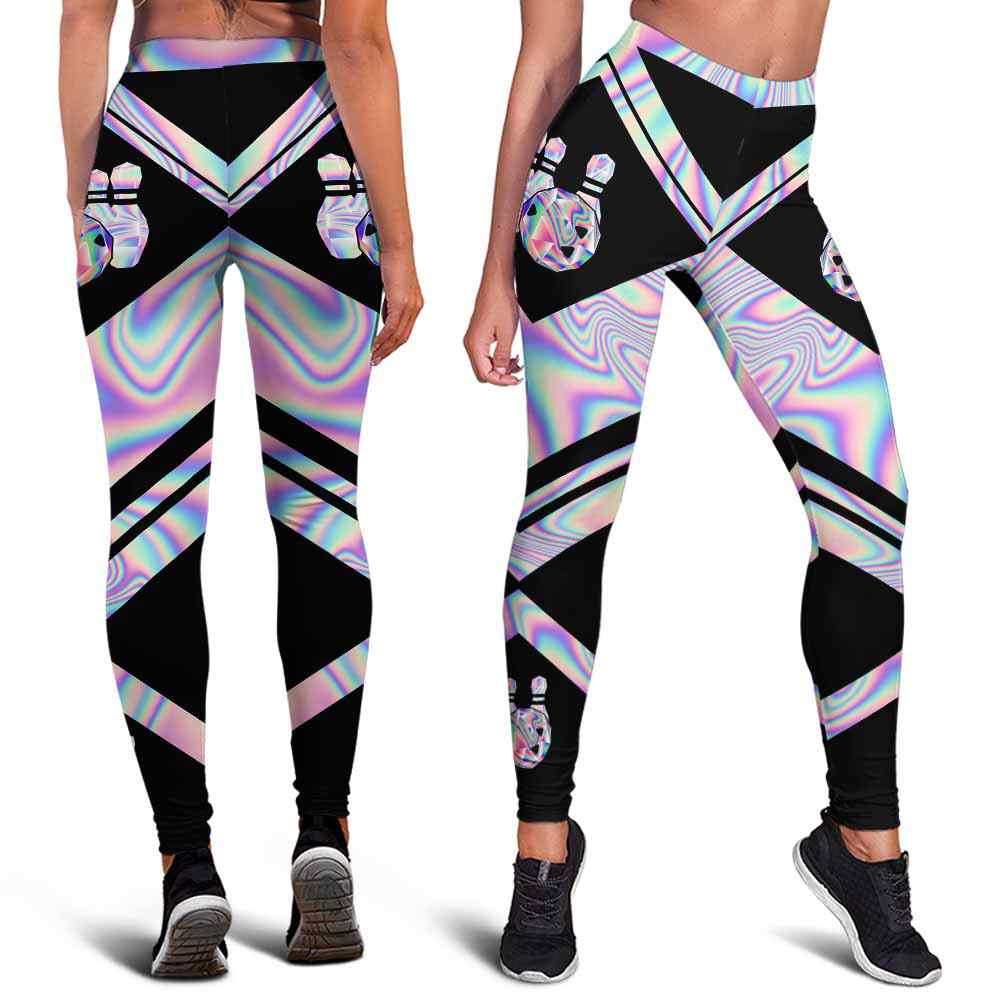 LEGG-W-Hobb-Vy1BallPinHoloLine-Bwl-0 @ Bowling Ball Pin Hologram Line-Bowling Leggings For Women. Love Bowling Colorful Hologram Pattern Women Leggings. Gift For Women Gift For Her. Yoga Workout Custom Gift.