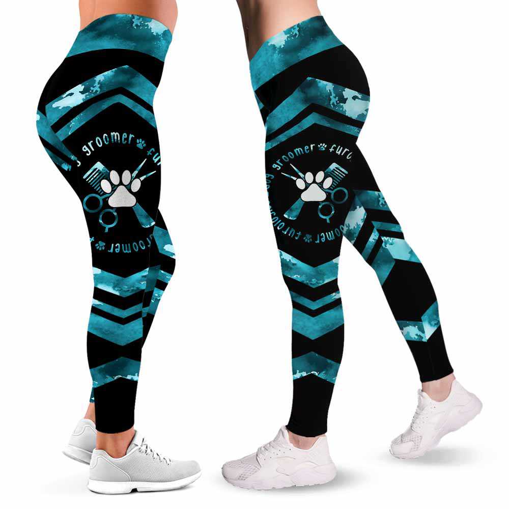 LEGG-W-Job-VY1BlueWateLine-Dgrm-0 @ Dog Groomer Blue Watercolor Line-Proud Dog Groomer Leggings For Women. Dog Grooming Watercolor Pattern Women Leggings. Yoga Workout Gift For Women, Birthday Gift For Her.