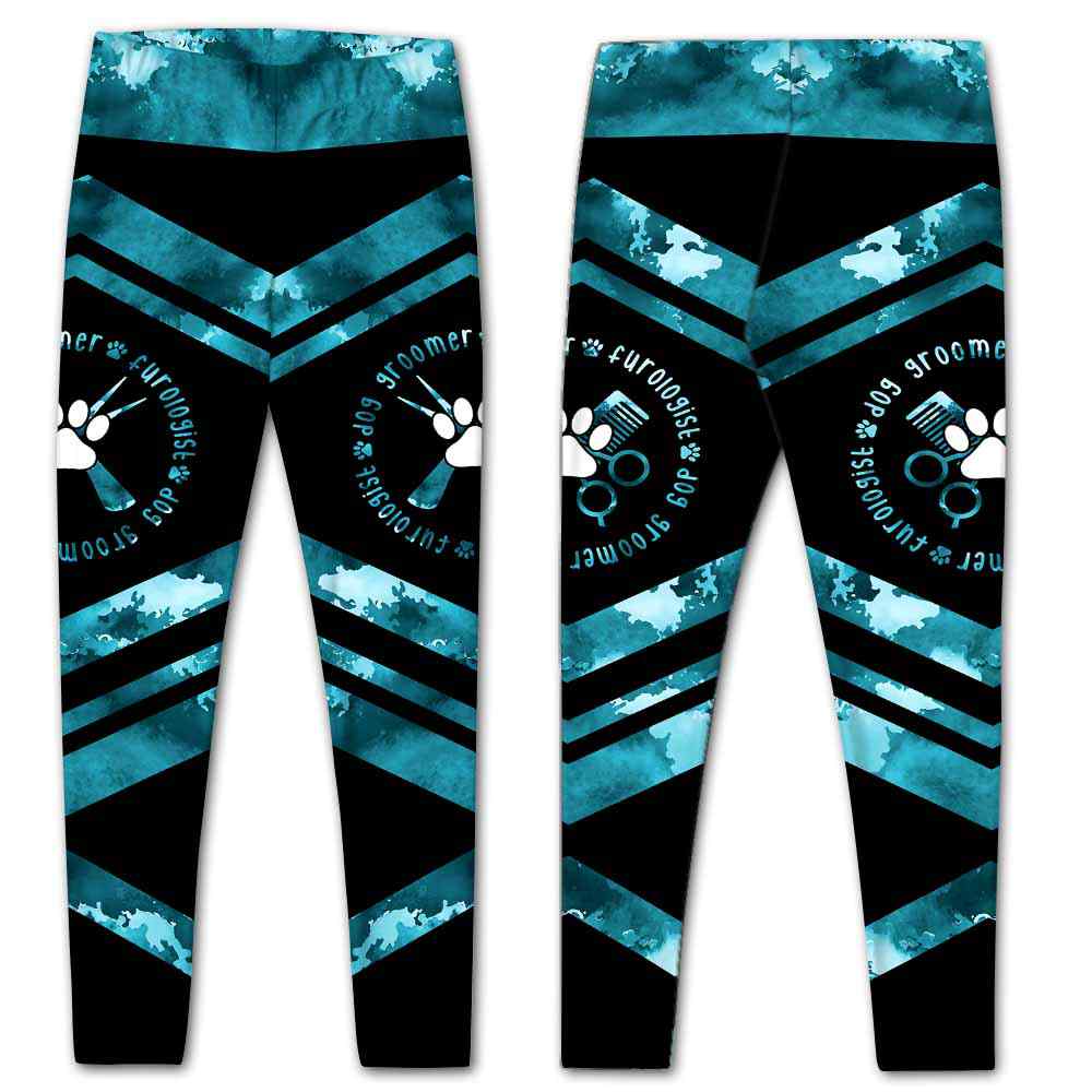 LEGG-W-Job-VY1BlueWateLine-Dgrm-0 @ Dog Groomer Blue Watercolor Line-Proud Dog Groomer Leggings For Women. Dog Grooming Watercolor Pattern Women Leggings. Yoga Workout Gift For Women, Birthday Gift For Her.