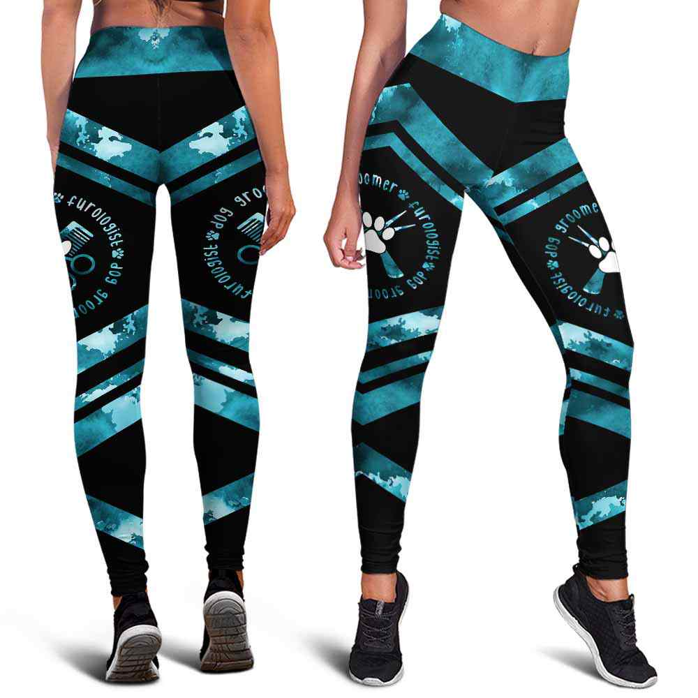 LEGG-W-Job-VY1BlueWateLine-Dgrm-0 @ Dog Groomer Blue Watercolor Line-Proud Dog Groomer Leggings For Women. Dog Grooming Watercolor Pattern Women Leggings. Yoga Workout Gift For Women, Birthday Gift For Her.