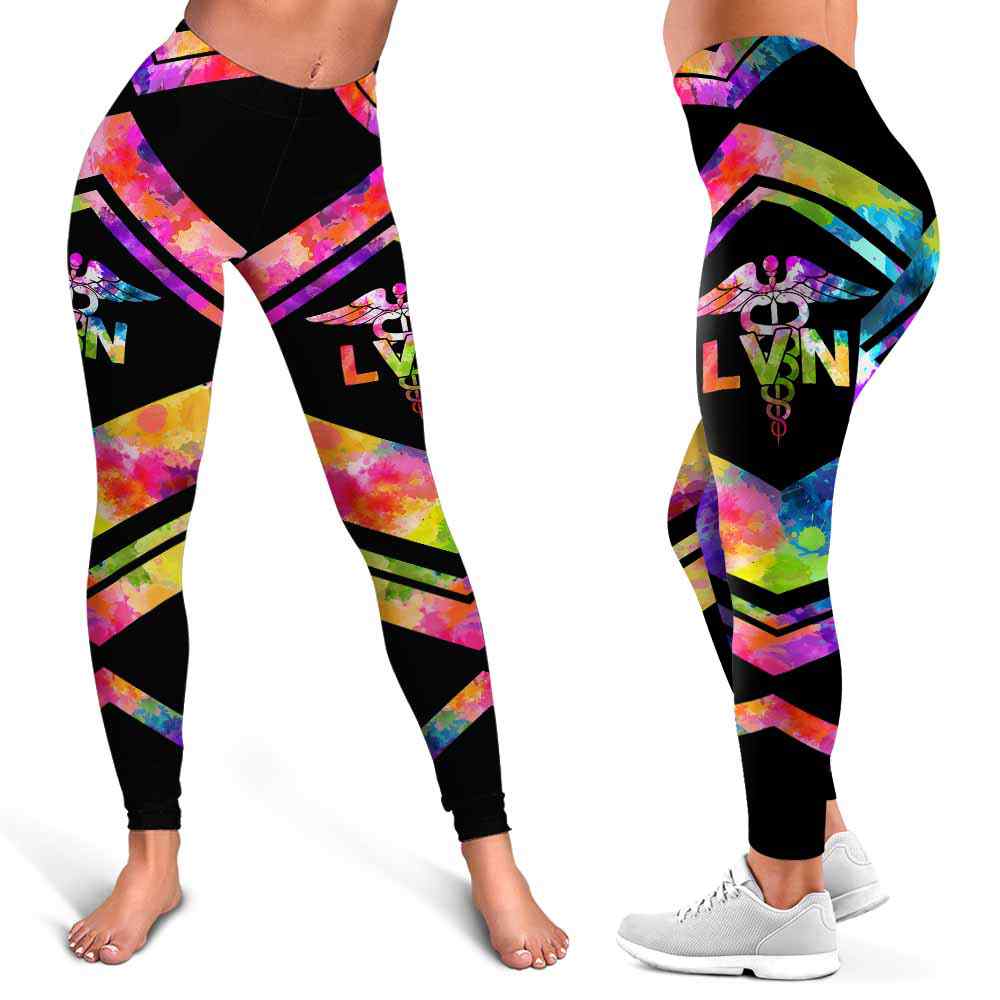 LEGG-W-Nur-Vy1NursJobRainLine-LVN-0 @ LVN-Proud Lvn Leggings For Women. Colorful Watercolor Pattern Women Leggings. Yoga Workout Custom Gift For Her, Gift For Women.